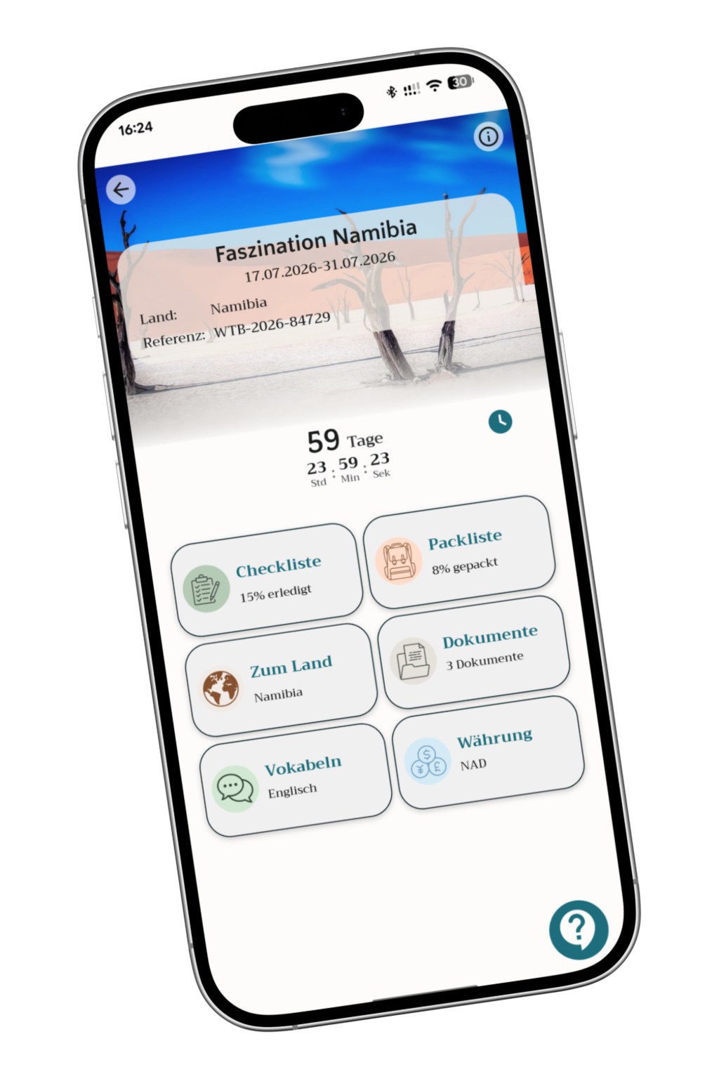 Smartphone mit der Meine Reisemappe App – Reiseübersicht mit digitalen Unterlagen für Kund:innen eines Reisebüros