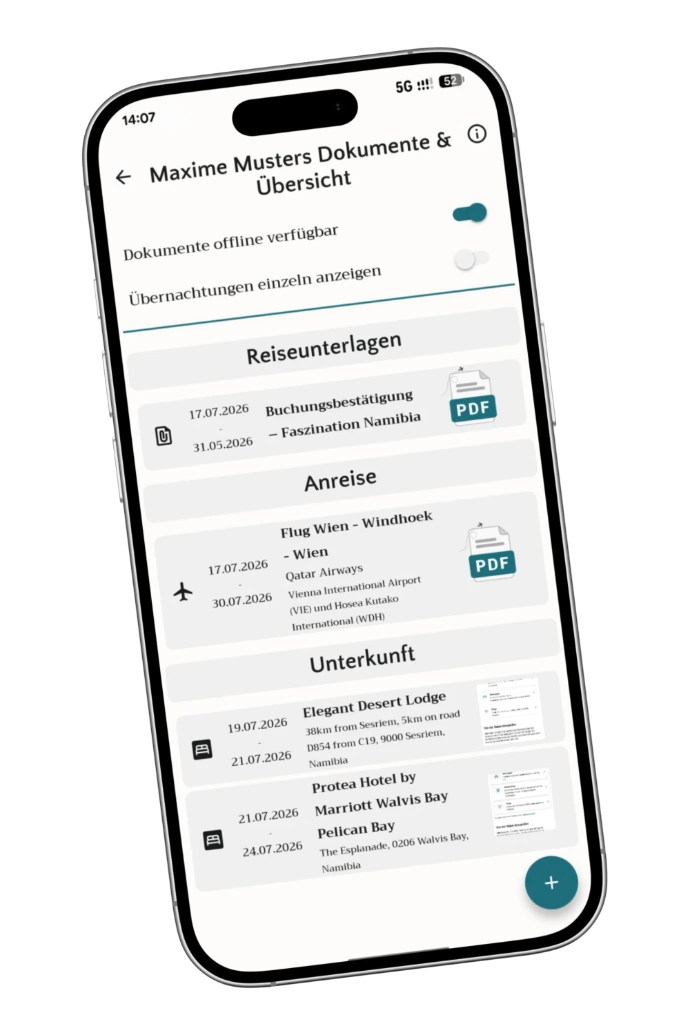 App-Ansicht: Digitale Reisedokumente und Unterlagen übersichtlich geordnet in der Meine Reisemappe App für Reisebüros