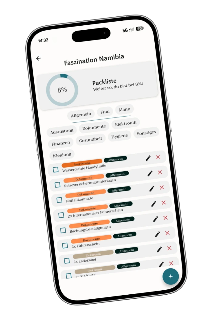 App-Ansicht: Personalisierte Packliste nach Reiseziel, Wetter und Reisestil in der Meine Reisemappe App