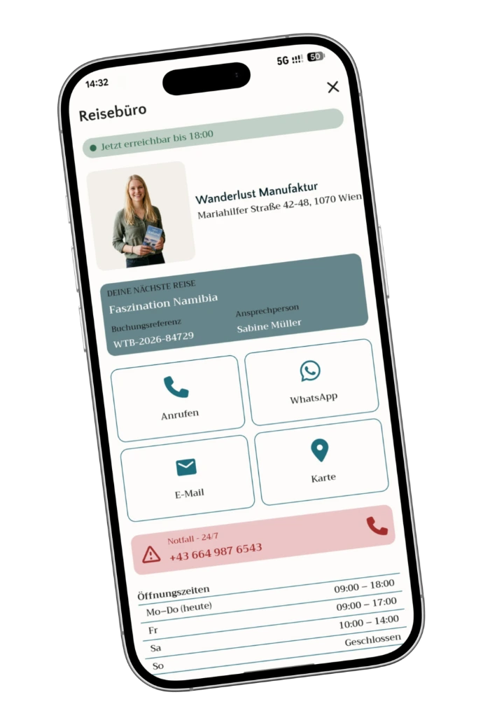 App-Ansicht: Direkte Kontaktmöglichkeit zum Reisebüro per Anruf und Nachricht in der Meine Reisemappe App