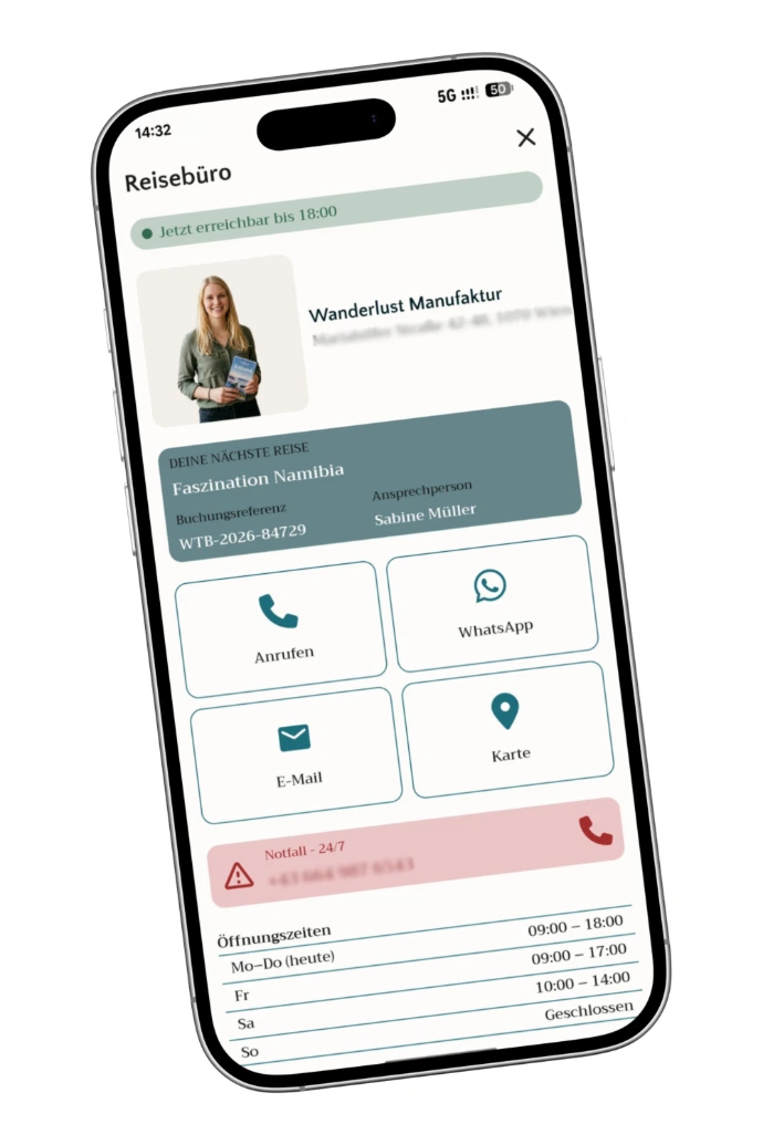 EIn Bild der Reisemappe App, mit der Möglichkeit in Kontakt mit dem Reisebüro zu treten.